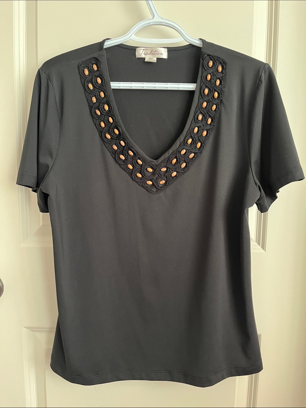 Tradition Black V-Neck Short Sleeve Top with Eyelet Accent